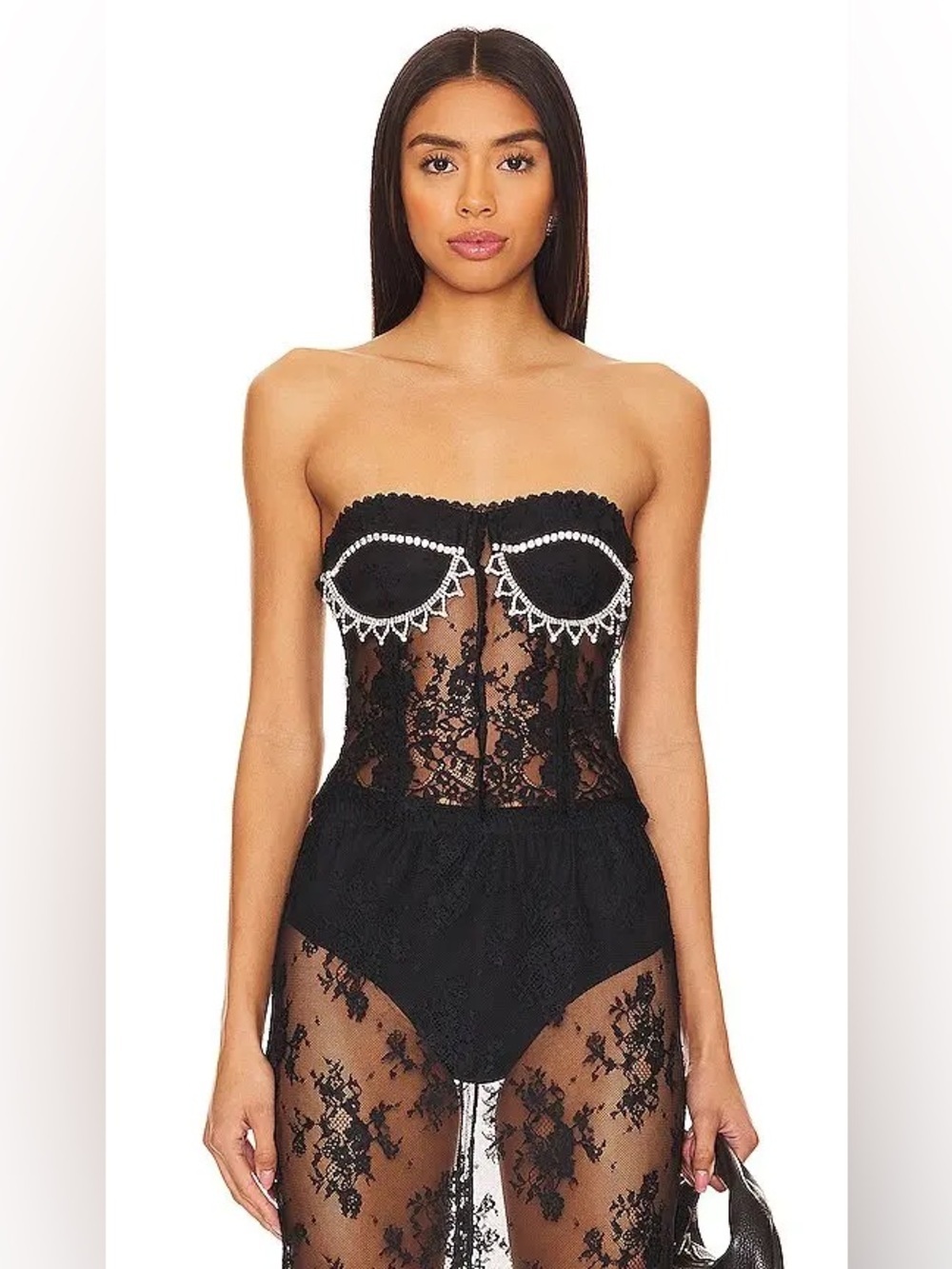 NBD Anjali Black Lace Rhinestone Strapless Corset Bustier Top Size L Romantic